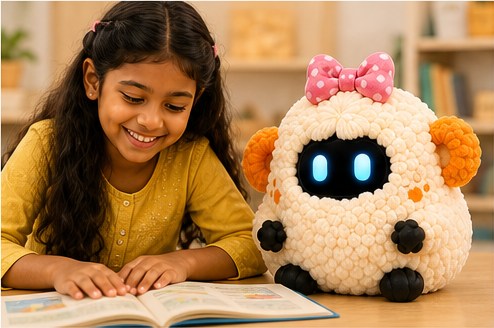 A child reading a picture book with Yani